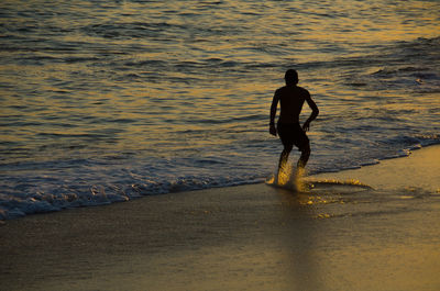 Silhouette man on beach during sunset