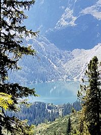 Scenic view of lake and mountains during winter