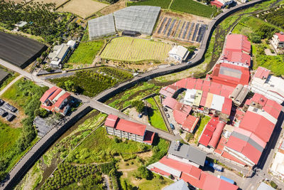 High angle view of buildings in city