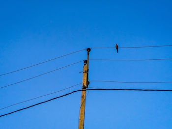 Low angle view of power lines against clear blue sky