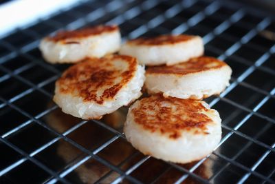 High angle view of bread on barbecue grill