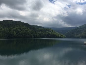 Scenic view of lake and mountains against sky