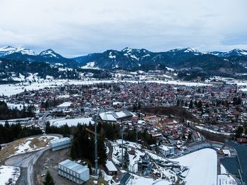 High angle view of townscape against sky during winter