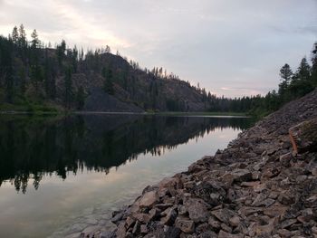 Scenic view of lake against sky during sunset