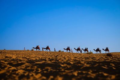 People walking in desert against clear blue sky