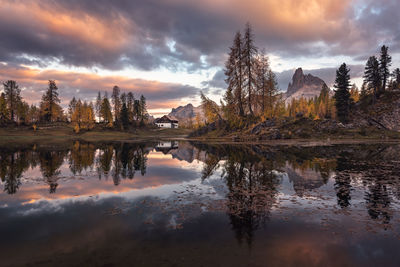 Reflection of trees in lake against sky during sunset