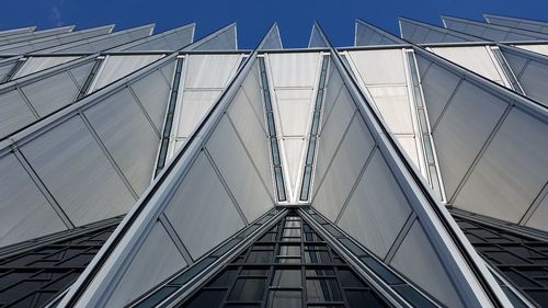 Low angle view of modern building against clear blue sky