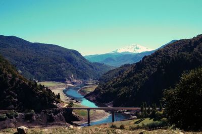 Scenic view of river by mountains against sky