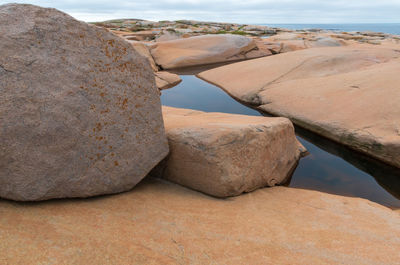 Rock formation in sea against sky