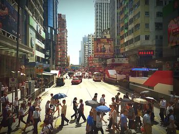 People walking on city street