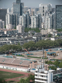 High angle view of buildings in city