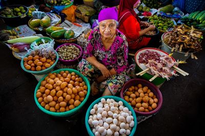 High angle view of fruits for sale at market stall