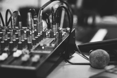 Close-up of sound mixer with microphone on table