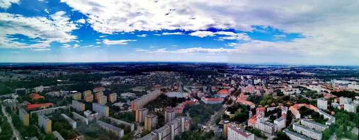 High angle shot of townscape against sky