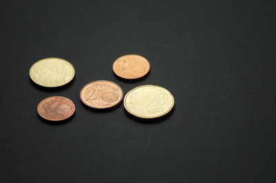 Close-up of coins against table 