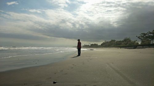 Rear view of man standing on beach against sky
