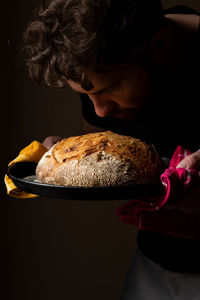 High angle view of man with food