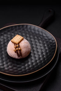 High angle view of dessert in plate on table