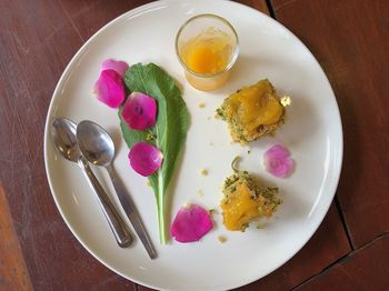 High angle view of breakfast served on table