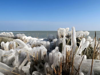 Panoramic view of sea against clear blue sky