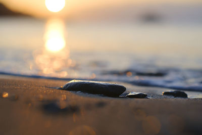 Close-up of pebbles on beach during sunset