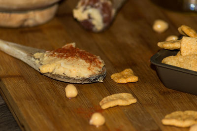 High angle view of bread on cutting board