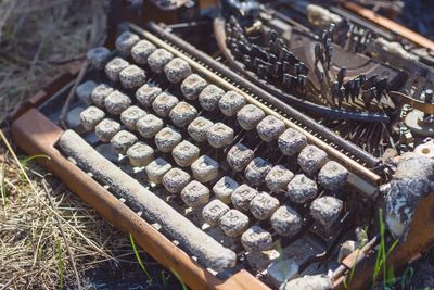 High angle view of old barbecue grill