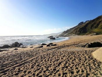 Scenic view of beach against clear sky