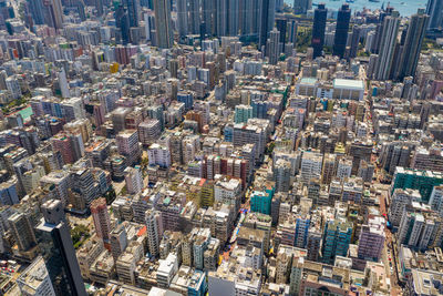 High angle view of modern buildings in city