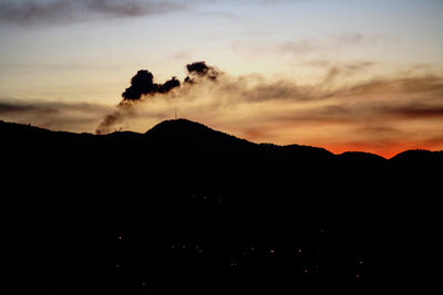 Scenic view of silhouette mountain against sky at sunset