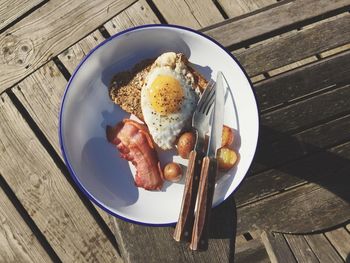 High angle view of breakfast on table