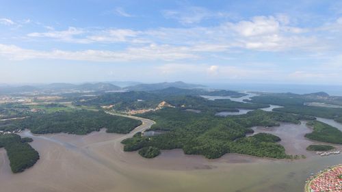 Aerial view of landscape and river against sky