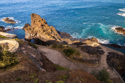 High angle view of rock formation in sea