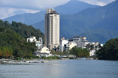 Beautiful view of buildings on the shore of sun moon lake in taiwan