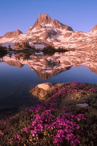 Scenic view of lake with mountain in background