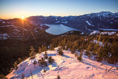 Scenic view of snow covered mountains against bright sun