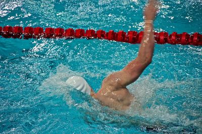 Cropped image of male athlete swimming in pool