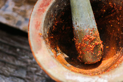 Close-up of mortar and pestle with spices