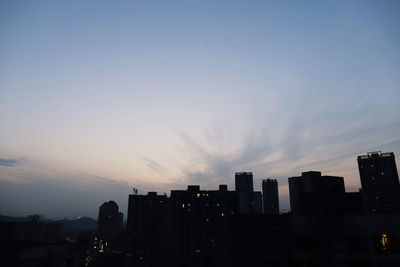 Modern buildings against sky during sunset