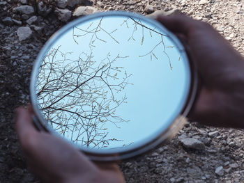 Reflection of hand on glass