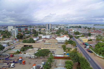High angle view of street amidst buildings in city