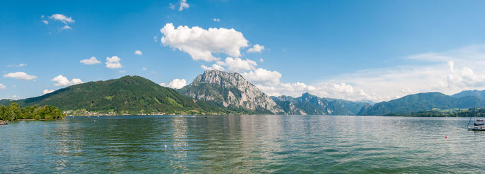 Panoramic view of lake and mountains against sky