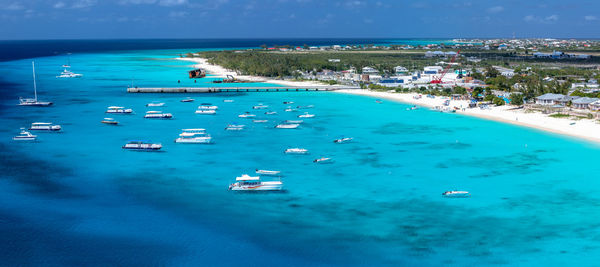 High angle view of sailboats in sea