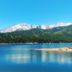 Calm lake against mountain range