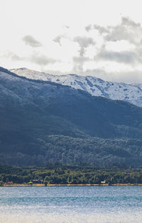 Scenic view of sea by mountains against sky