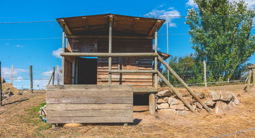 Exterior of old barn on field against blue sky