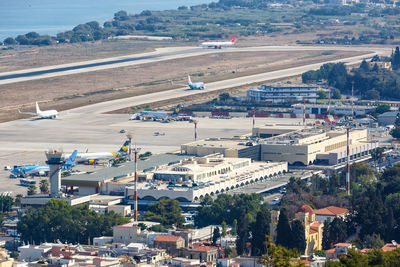 High angle view of buildings in city