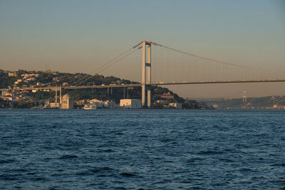 View of suspension bridge over sea