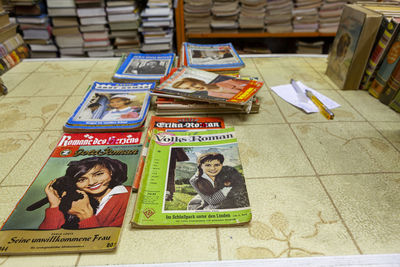 High angle view of portrait of book on table