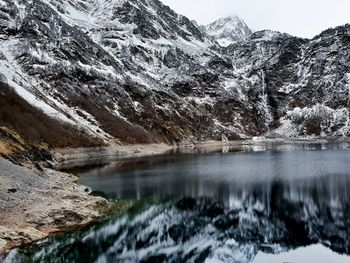 Scenic view of lake by snowcapped mountains